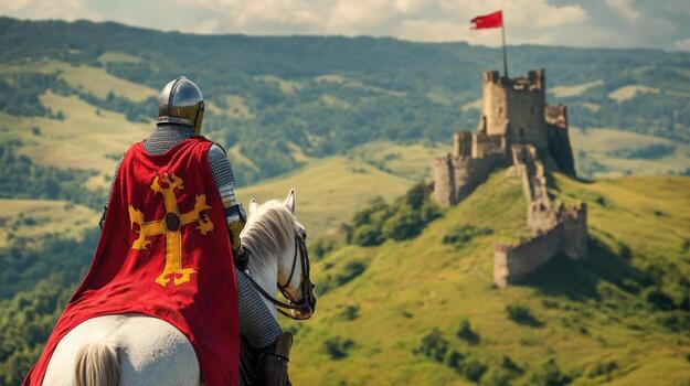 medieval knight on horseback with red cape and flag in front of castle photo