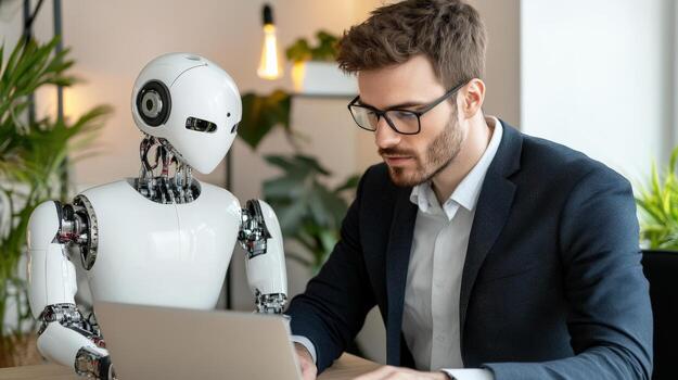 a man in a suit is working on a laptop with a robot photo