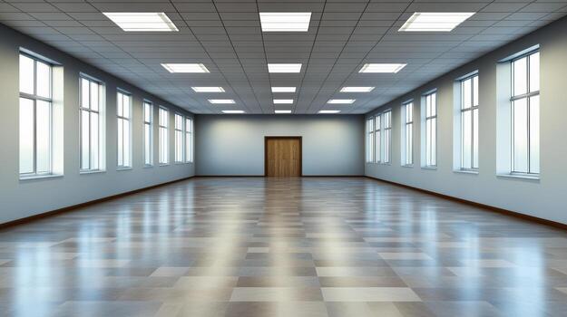 empty office hallway with large windows and a door photo
