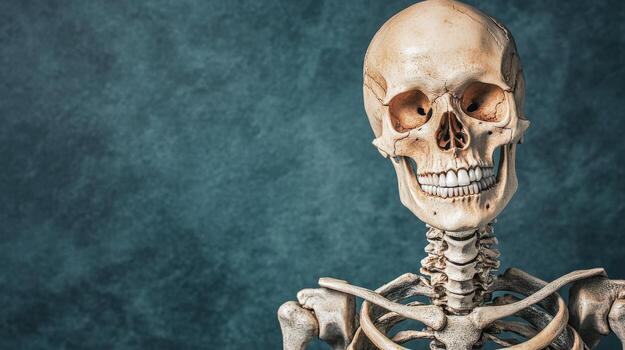 a skeleton is standing in front of a blue background photo
