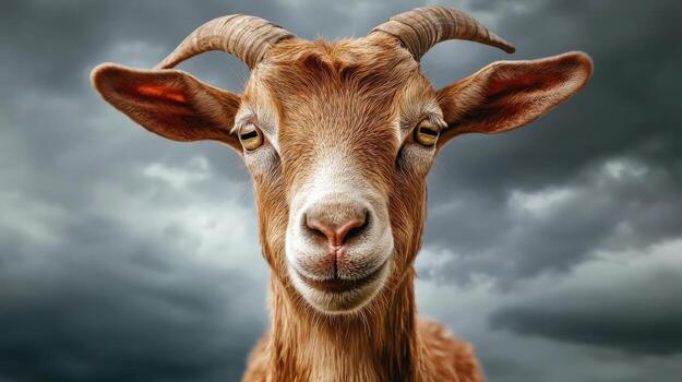 a goat with big horns on a cloudy day photo