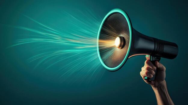 a person holding a megaphone with a bright light coming out of it photo