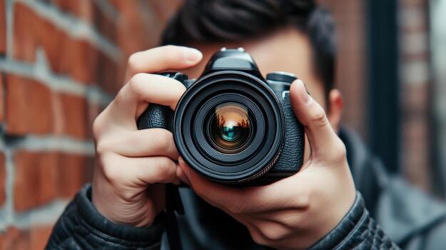 a man holding a camera in front of a brick wall photo