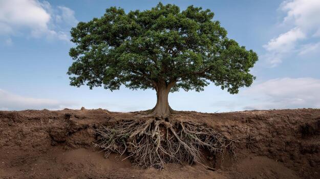 Conceptual image of solitary tree showing lush green canopy and an extensive root system underground. powerful visual representing life, growth, strength, and nature photo