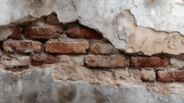 antiguo Envejecido grunge pared con expuesto ladrillo antecedentes. resistido yeso superficie con áspero modelo y textura, demostración decaer y urbano negligencia en edificio exterior foto