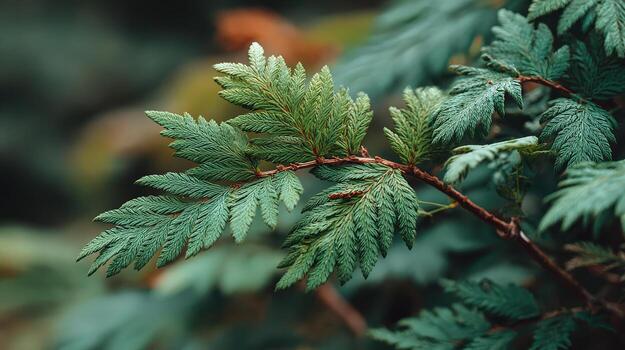 Serene macro detail of green fern like leaf on delicate branch. tranquil foliage with soft bokeh background evokes calm, natural, and peaceful feeling in garden photo