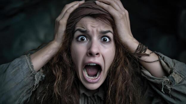 Horrified young woman screaming in terror, her face portrait of fear and panic. An intense close up showing shock, desperation and anxiety in dark, scary setting photo