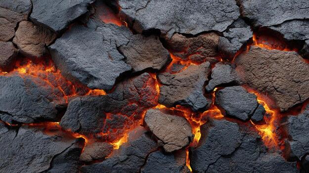 Dramatic background of hot molten lava flowing through cracks in dark volcanic rock. intense fire and magma create powerful and dangerous fiery stone texture photo