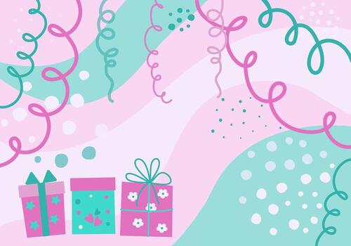 Festive abstract background with gifts, confetti, and streamers. Gift box. Space for text. Modern, dynamic graphic design for a greeting card or banner. Template, illustration, isolated background. vector