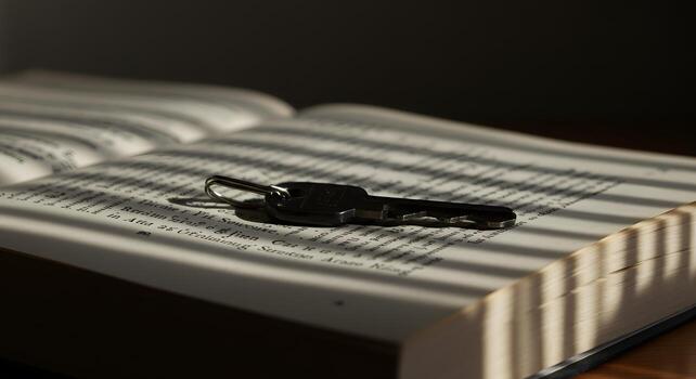 Key on Open Book with Text in Low Light Setting photo
