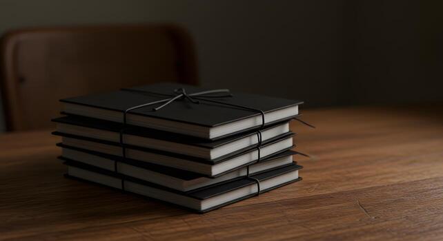 Stack of Black Notebooks Tied with String on Wooden Table in Dim Light photo