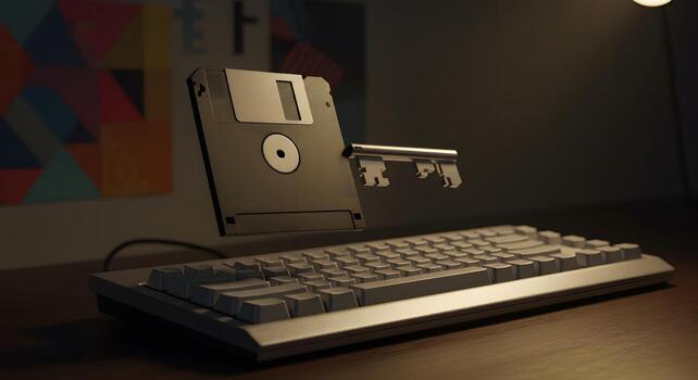Old Floppy Disk and Keyboard on Desk in Dim Lighting photo