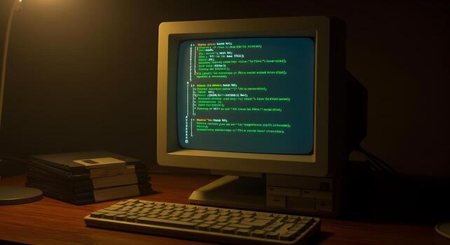 Old Computer Monitor Displaying Code in Dark Room Workspace photo