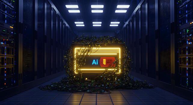 Futuristic Ai Computer Server in Data Center with Wires and Neon Lighting photo