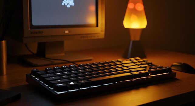 Dark Office Desk with Illuminated Keyboard and Computer Monitor in Cozy Ambient Light photo