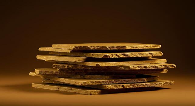 A Stack of Golden Brown Rectangular Slabs with Rough Edges on a Matching Background Studio Shot photo