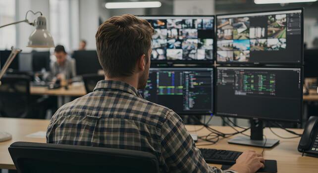 A Programmer Works on Multiple Monitors in a Modern Office Setting, Focused on Complex Code and Data Visualization photo