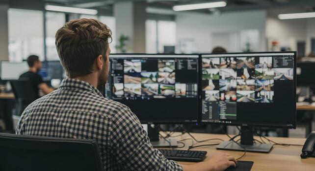 Man Working on Multiple Monitors in Modern Office Setting, Analyzing Data Streams photo