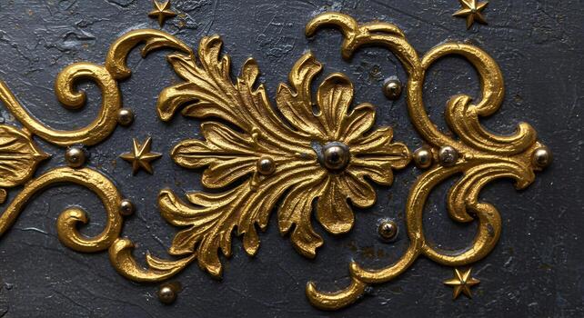 Elegant Gold and Gray Ornate Design Close Up, Gilded Floral Pattern on Dark Background, Luxury Texture, Decorative Art photo