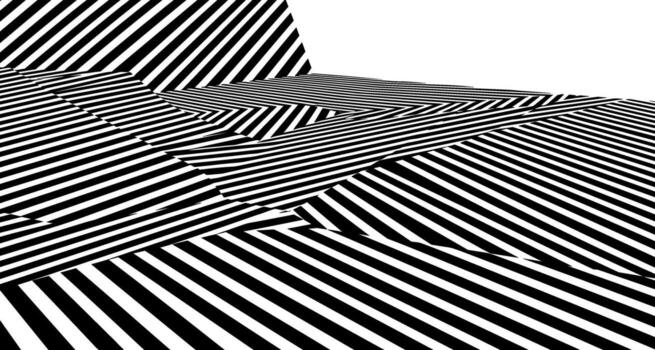 Surreal architectural interior with intersecting planes covered in a bold black and white diagonal striped pattern vector