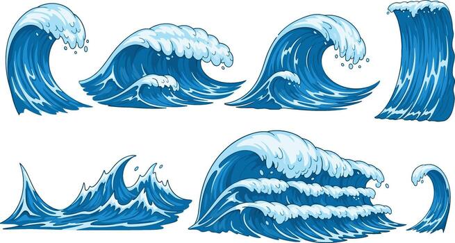 Collection of illustrated ocean waves and sea swells, showcasing dynamic water movements and cresting foam in various sizes and forms vector
