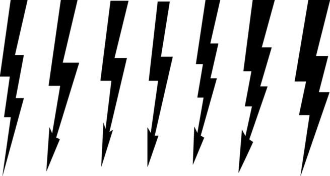 A dynamic collection of black lightning bolt silhouettes. Various thunder flash shapes isolated on a white background, perfect for graphic icons representing energy, power, and storms vector