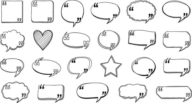 Hand-drawn sketch comic speech bubbles and quotation marks collection, a illustration set of doodle dialogue boxes for messages and thoughts vector