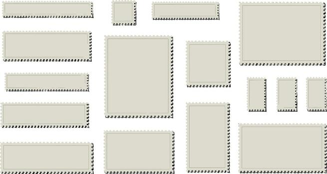 Versatile set of blank stamp-like frames with perforated edges and subtle shadows, ideal for customizable graphic design templates and creative projects requiring empty border elements vector