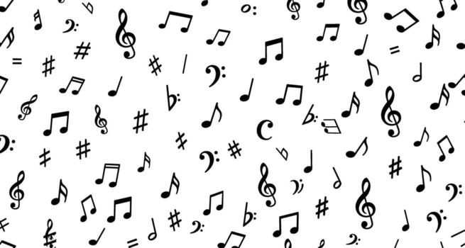 Musical Notes Background A white backdrop scattered with various musical symbols, creating a rhythmic pattern vector