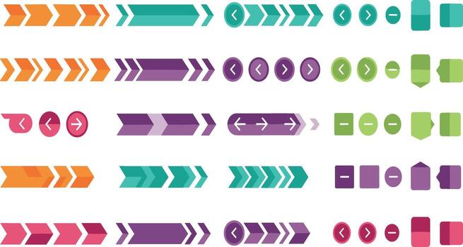 Collection of arrow and button icons in various colors and styles for digital interfaces and design projects vector