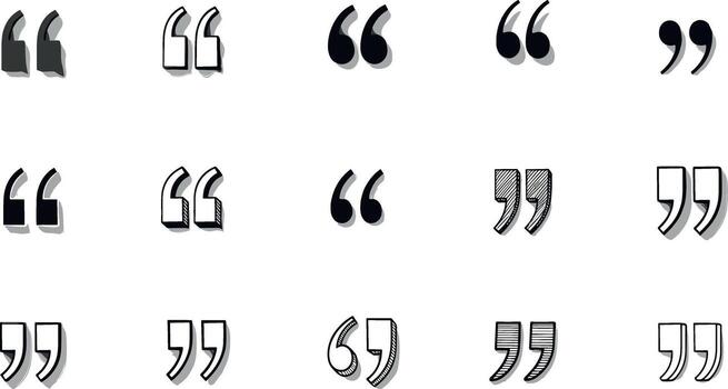 Versatile set of quotation marks and speech symbols in modern, 3D, and hand-drawn styles, perfect for typography, communication, and creative graphic design projects vector