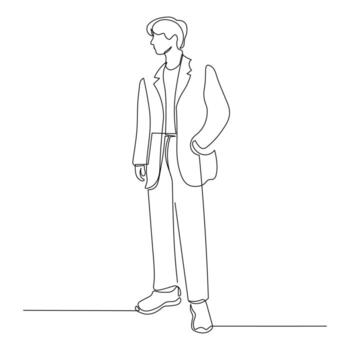 continuo línea Arte de elegante hombre vistiendo chaqueta en relajado actitud vector