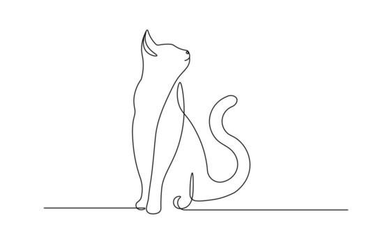 One Line Art Sitting Cat - Minimalist Continuous Line Drawing of a Cat Looking Up vector