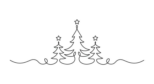 One Line Art Christmas Trees - Minimalist Continuous Line Drawing of Pine Trees with Stars vector