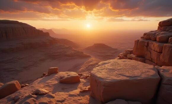 The sun is setting over the desert in this 3d rendering photo