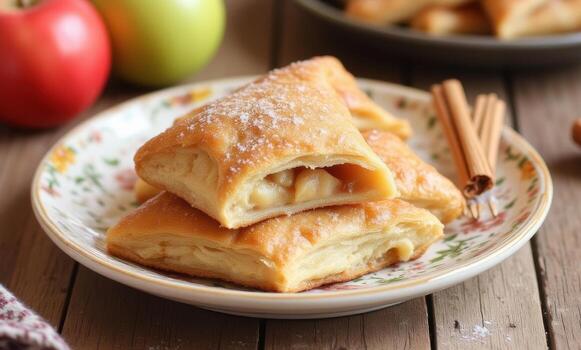 Apple turnovers on a plate with cinnamon sticks photo