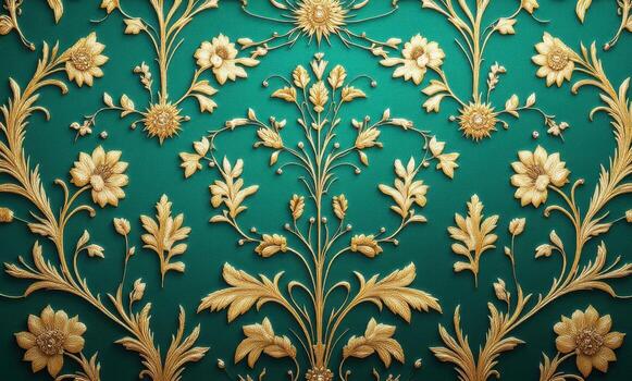 Golden floral wallpaper on a green background photo
