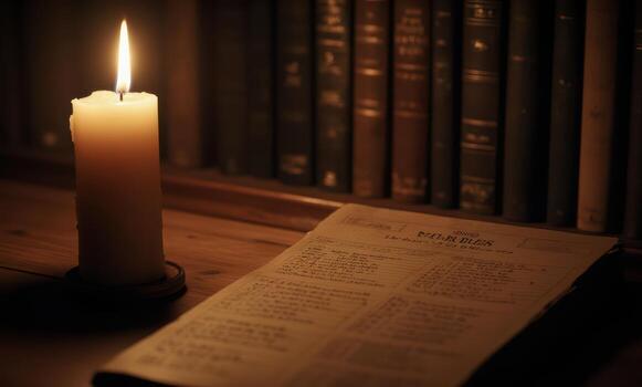 A candle is lit in front of a book on a table with a bookcase in the background photo