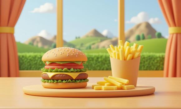 3d rendering of a hamburger and fries on a table photo