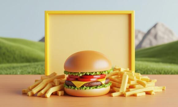3d rendering of a hamburger and fries on a wooden table with a yellow frame photo