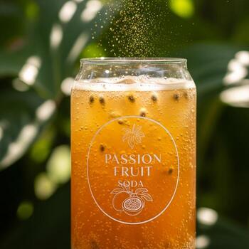 Refreshing passion fruit drink with visible seeds in a clear glass jar garnished with falling particles against a blurred green background photo