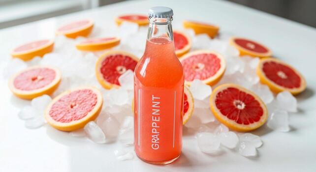 Refreshing grapefruit drink in a clear bottle surrounded by sliced grapefruits and ice cubes on a white surface photo