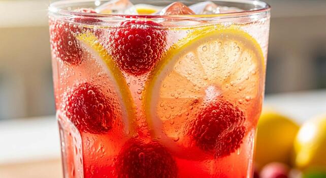 Refreshing raspberry lemonade with fresh berries and citrus slices in a tall glass photo