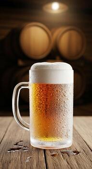 A frosty mug brimming with golden lager beer topped with a thick layer of creamy foam sits on a rustic wooden table with blurred barrels in the background photo
