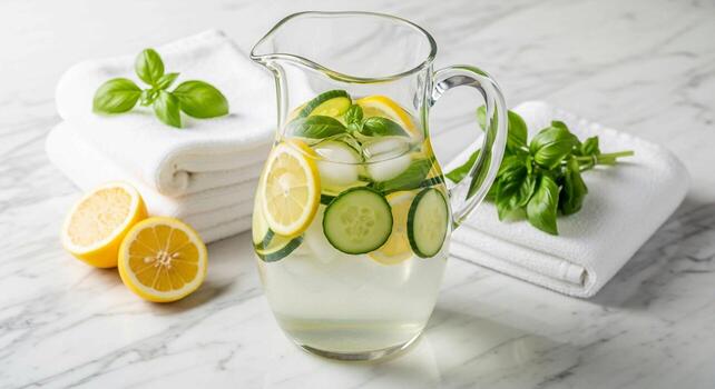 A pitcher of lemonade with cucumber slices and basil leaves photo