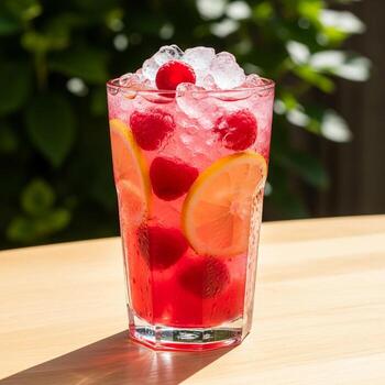 A glass of raspberry lemonade with ice and raspberries photo