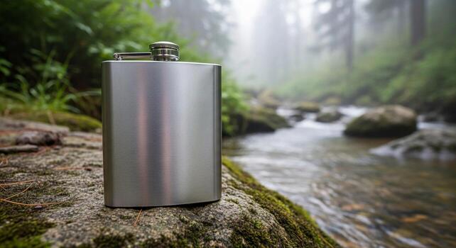 A flask sits on a rock in front of a stream photo