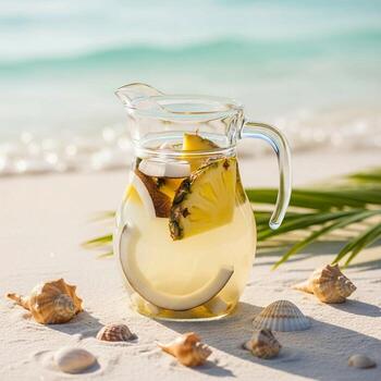A pitcher of lemonade on the beach with shells and a palm tree photo