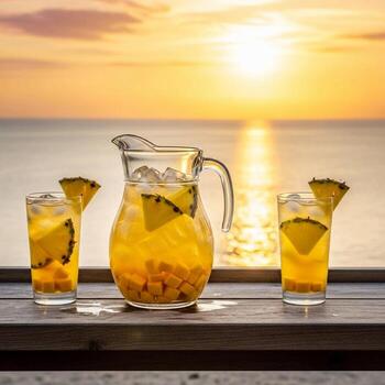 A pitcher of lemonade and two glasses on a wooden table with the sun setting in the background photo