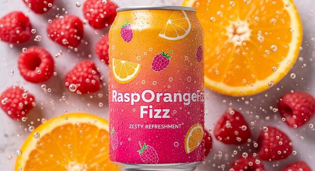 A can of raspberry soda with raspberries and oranges photo
